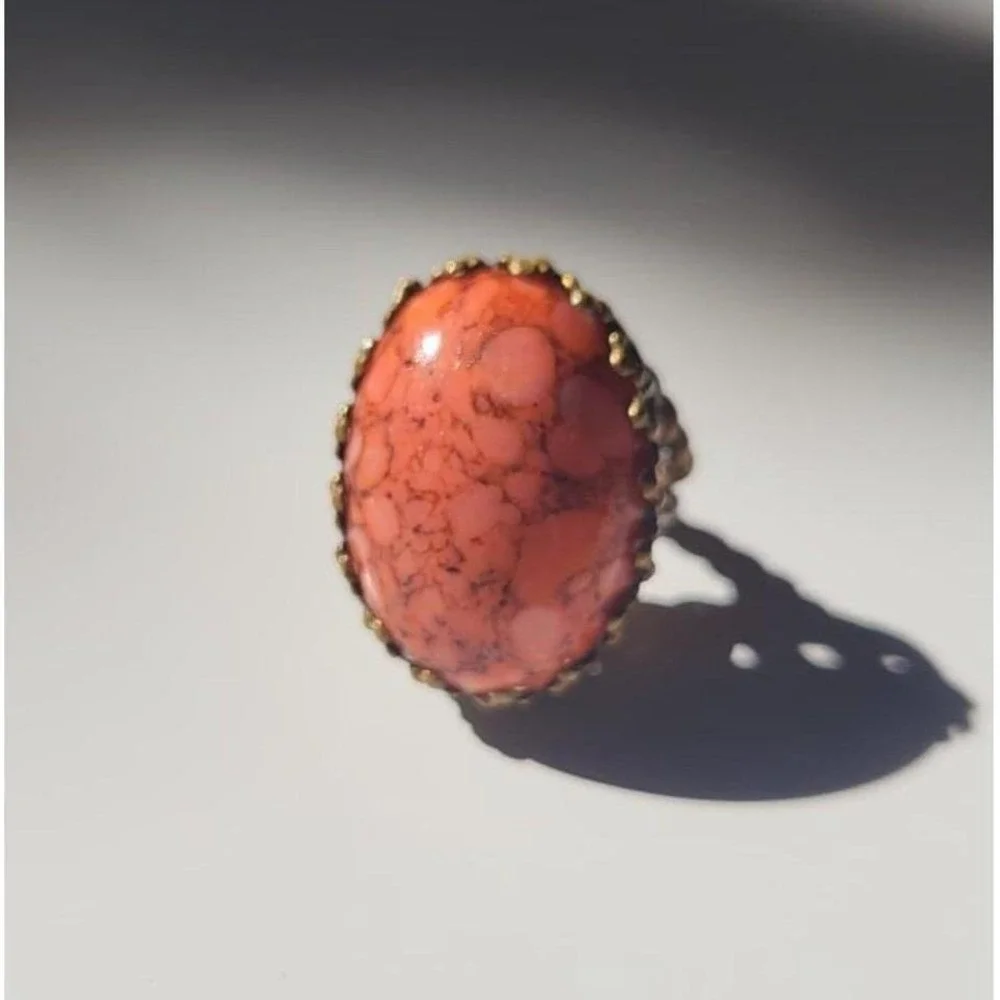 Vintage Boho Oval Huge Unique Coral Stone Ring Antique Brass Setting Adjustable